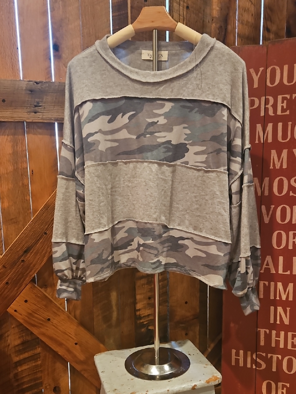 393 Camo & Gray Patchwork Long Sleeve Top